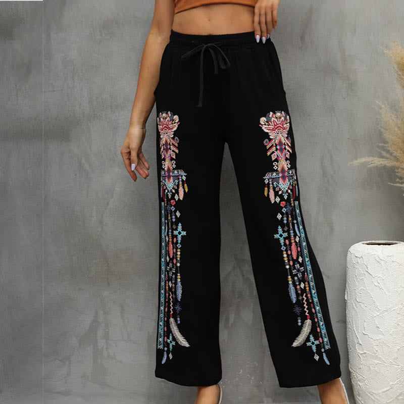 Buddha Stones Schwarze, lässige Damenhose mit ethnischer Stickerei, Kordelzug und Taschen aus Baumwoll-Leinen-Mischgewebe - image 1