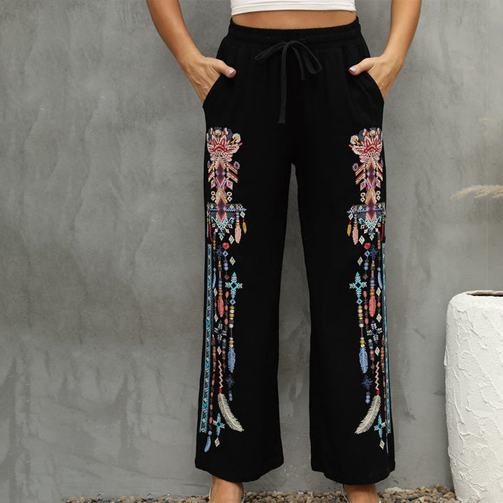 Buddha Stones Schwarze, lässige Damenhose mit ethnischer Stickerei, Kordelzug und Taschen aus Baumwoll-Leinen-Mischgewebe - Schwarz - US16, UK/AU20, EU48 (3XL) - image 0