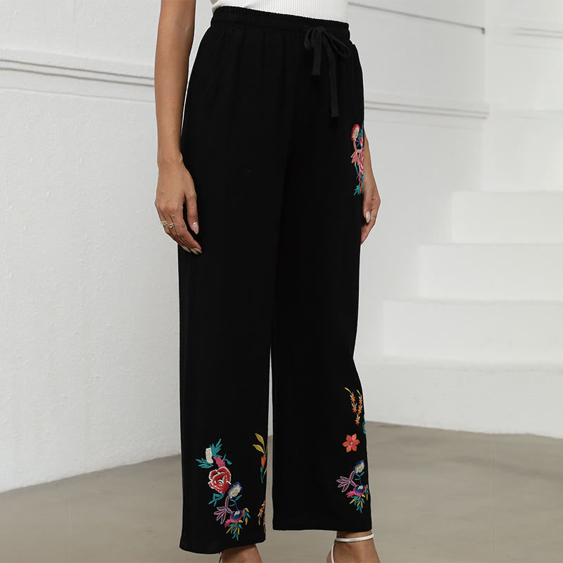 Buddha Stones Schwarze, schlichte Sommerhose für Damen aus Baumwoll-Leinen-Mischgewebe mit Kordelzug und Taschen, verziert mit ethnischer Stickerei. - image 2