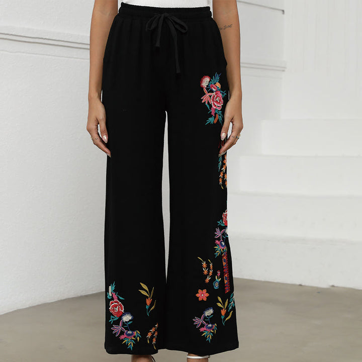 Buddha Stones Schwarze, schlichte Sommerhose für Damen aus Baumwoll-Leinen-Mischgewebe mit Kordelzug und Taschen, verziert mit ethnischer Stickerei. - image 1