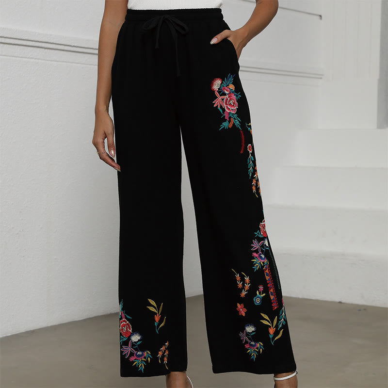 Buddha Stones Schwarze, schlichte Sommerhose für Damen aus Baumwoll-Leinen-Mischgewebe mit Kordelzug und Taschen, verziert mit ethnischer Stickerei. - Schwarz - US16, UK/AU20, EU48 (3XL) - image 0