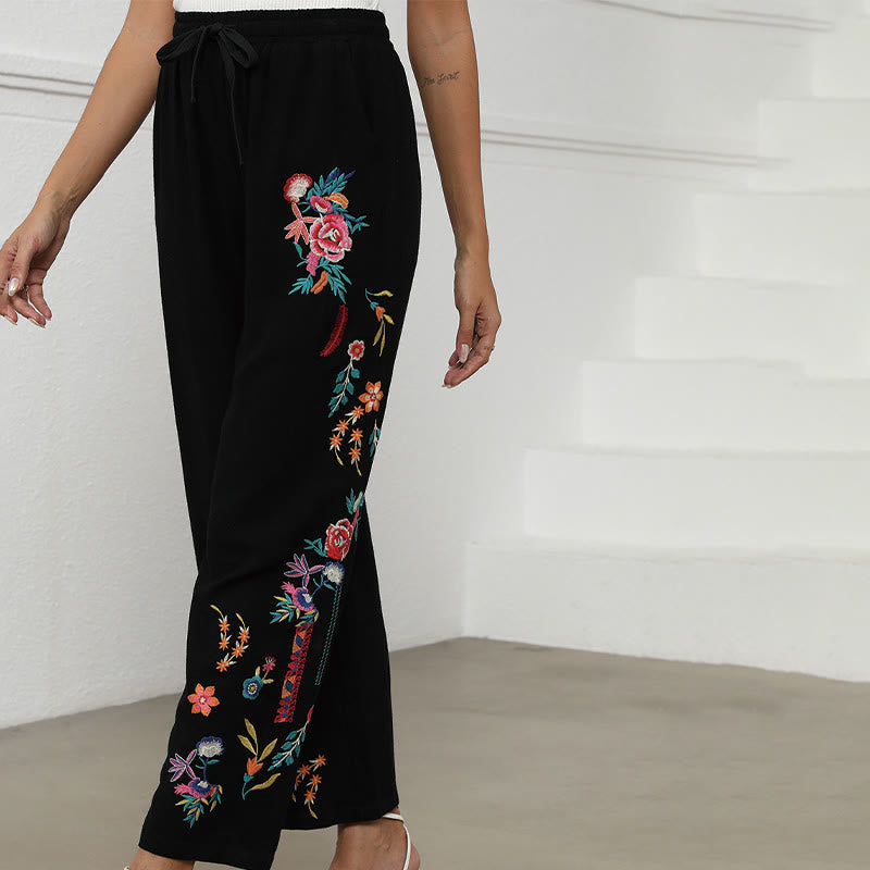 Buddha Stones Schwarze, schlichte Sommerhose für Damen aus Baumwoll-Leinen-Mischgewebe mit Kordelzug und Taschen, verziert mit ethnischer Stickerei. - image 4