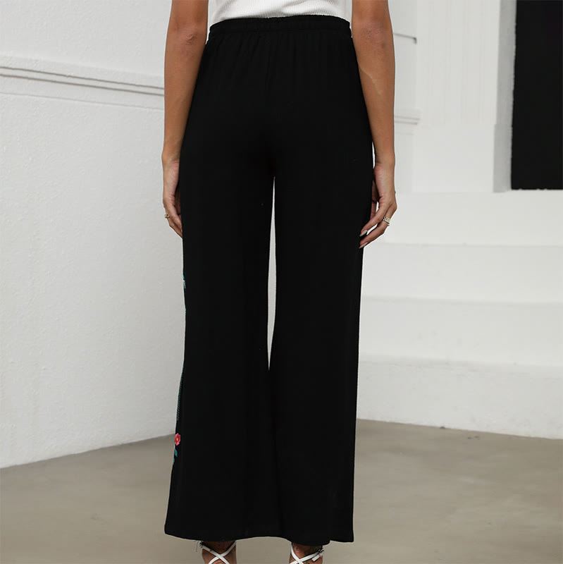 Buddha Stones Schwarze, schlichte Sommerhose für Damen aus Baumwoll-Leinen-Mischgewebe mit Kordelzug und Taschen, verziert mit ethnischer Stickerei. - image 3