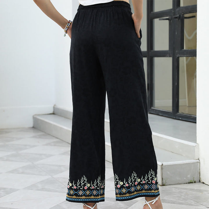 Buddha Stones Schwarze Damenhose mit Frühlingsstickerei, Blumenmuster, Kordelzug und Taschen aus Baumwoll-Leinen-Mischgewebe - image 1