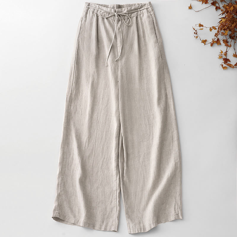 Buddha Stones Sommerliche, einfarbige, knöchellange Damenhose aus Baumwoll-Leinen-Mischgewebe mit weitem Bein, Kordelzug, Taschen und Reißverschluss. - Leinen - US8-10, UK/AU12-14, EU40-42 (2XL) - image 10