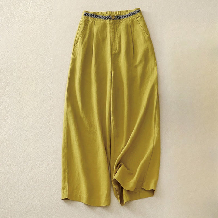 Buddha Stones Sommerliche, einfarbige Damenhose aus Baumwoll-Leinen-Mischgewebe mit weitem Bein, Taschen und Reißverschluss (Länge 7-8). - Gold - US 8-10, UK/AU 12-14, EU 40-42 (2XL) - image 0
