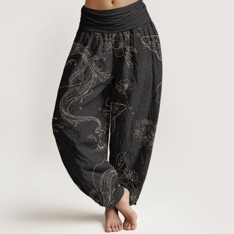 Damen-Haremshose aus Baumwolle mit Buddha Stones , Koi-Fisch- und Blumenmuster sowie elastischem Bund - Schwarz - US22, UK/AU26, EU54 (6XL) - image 0