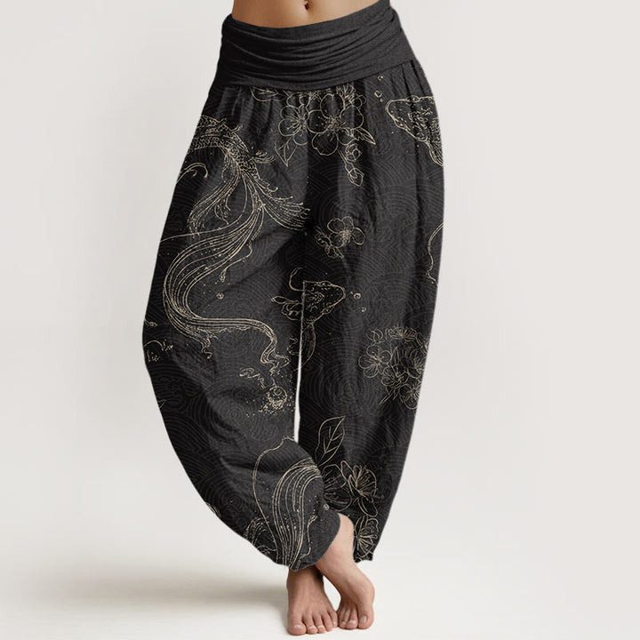 Damen-Haremshose aus Baumwolle mit Buddha Stones , Koi-Fisch- und Blumenmuster sowie elastischem Bund - Schwarz - US22, UK/AU26, EU54 (6XL) - image 0