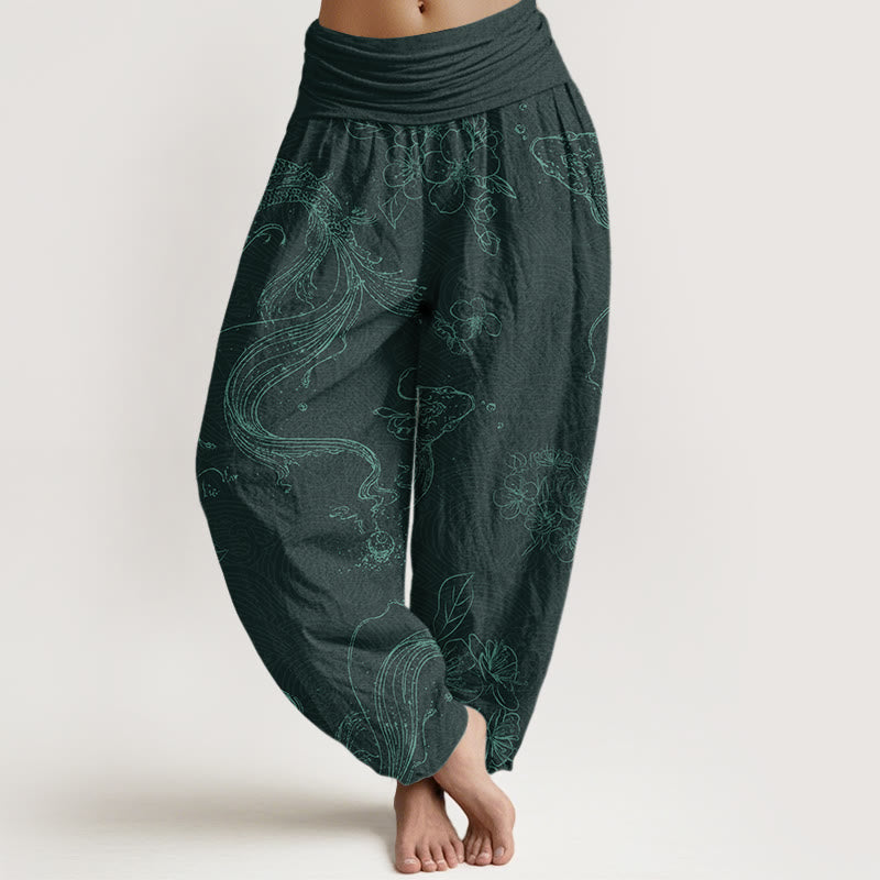 Buddha Stones Koi Fisch Blumenmuster Damen Haremshose mit elastischer Taille - DunkelCyan - US22， UK/AU26，EU54 (6XL) - image 8