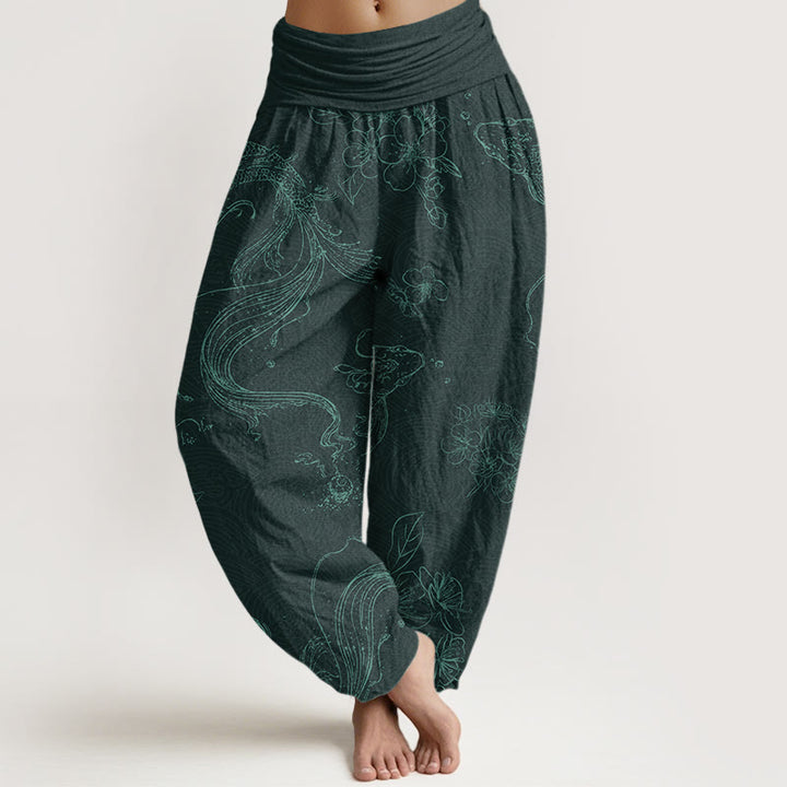 Buddha Stones Koi Fisch Blumenmuster Damen Haremshose mit elastischer Taille - DunkelCyan - US22， UK/AU26，EU54 (6XL) - image 8