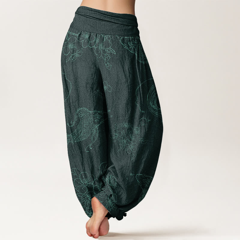 Damen-Haremshose aus Baumwolle mit Buddha Stones , Koi-Fisch- und Blumenmuster sowie elastischem Bund - image 7