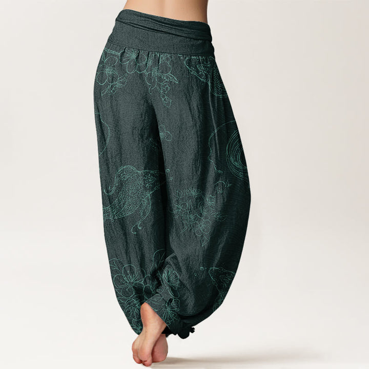 Damen-Haremshose aus Baumwolle mit Buddha Stones , Koi-Fisch- und Blumenmuster sowie elastischem Bund - image 7