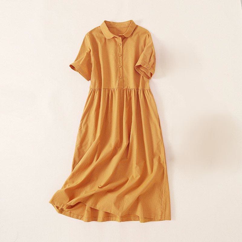 Buddha Stones Sommer-Knopf-Design, kurzärmeliges Midikleid aus Baumwolle und Leinen mit Taschen