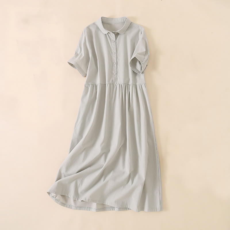 Buddha Stones Sommer-Knopf-Design, kurzärmeliges Midikleid aus Baumwolle und Leinen mit Taschen
