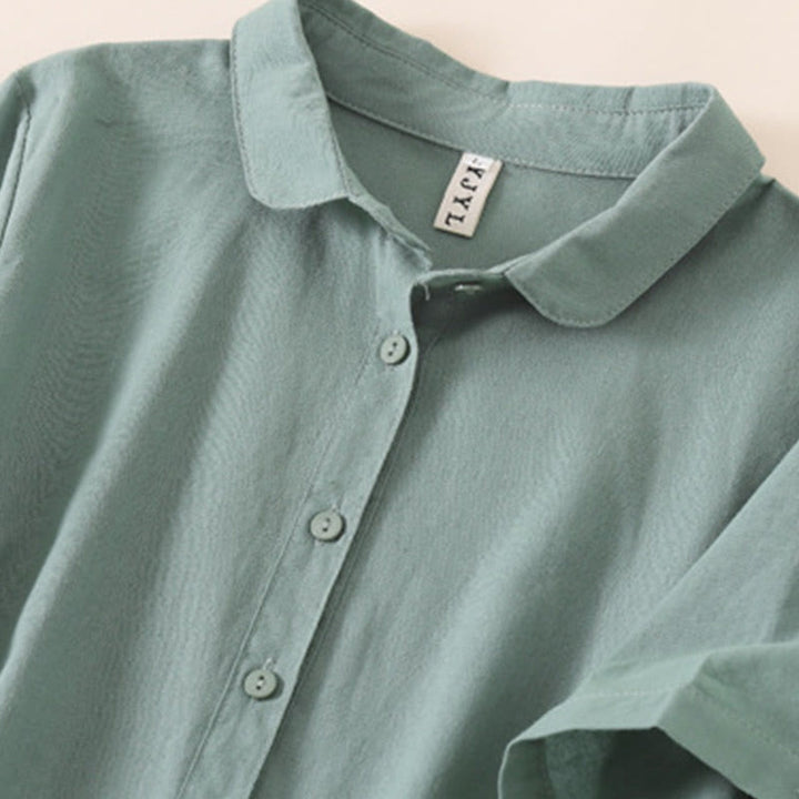 Buddha Stones Sommer-Knopf-Design, kurzärmeliges Midikleid aus Baumwolle und Leinen mit Taschen - image 24