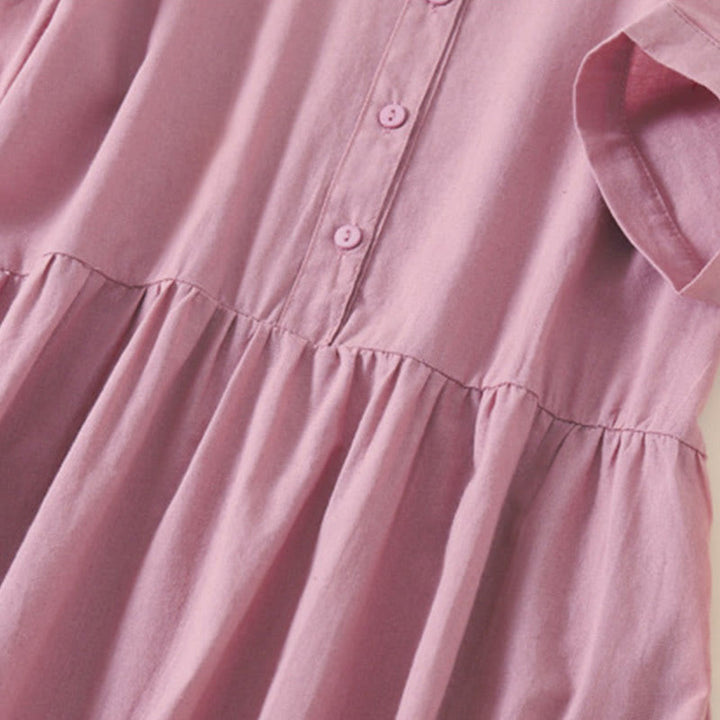 Buddha Stones Sommer-Knopf-Design, kurzärmeliges Midikleid aus Baumwolle und Leinen mit Taschen - image 2