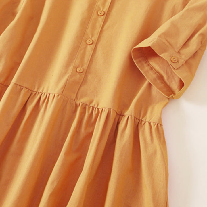 Buddha Stones Sommer-Knopf-Design, kurzärmeliges Midikleid aus Baumwolle und Leinen mit Taschen - image 21