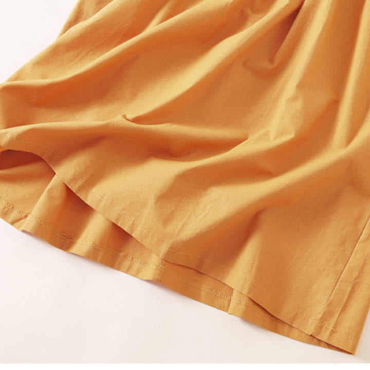 Buddha Stones Sommer-Knopf-Design, kurzärmeliges Midikleid aus Baumwolle und Leinen mit Taschen