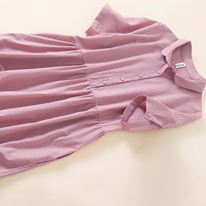 Buddha Stones Sommer-Knopf-Design, kurzärmeliges Midikleid aus Baumwolle und Leinen mit Taschen - image 3