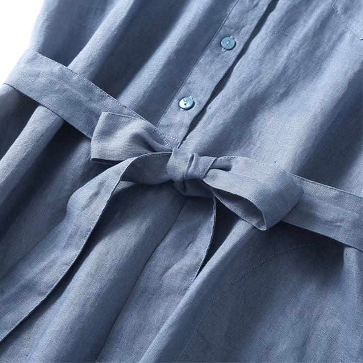 Buddha Stones Sommerliches, schlichtes, kurzärmliges Midikleid aus Baumwolle mit Schnürung und Taschen