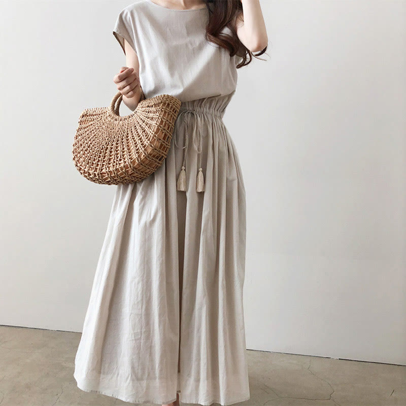 Buddha Stones Lässiges Midikleid aus Baumwolle und Leinen mit orientalischer Taille und Kordelzug - Leinen - US 8-10, UK/AU 12-14, EU 40-42 (2XL) - image 0