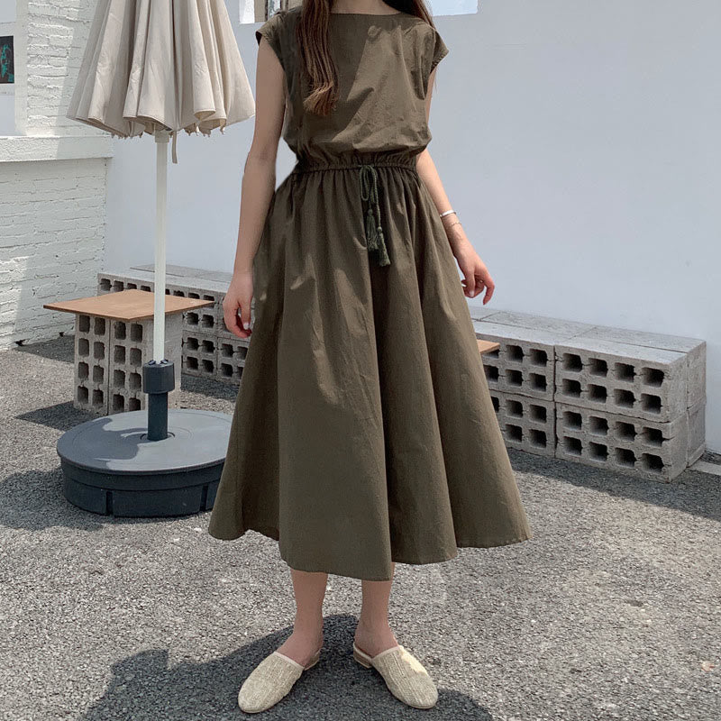 Buddha Stones Lässiges Midikleid aus Baumwolle und Leinen mit orientalischer Taille und Kordelzug