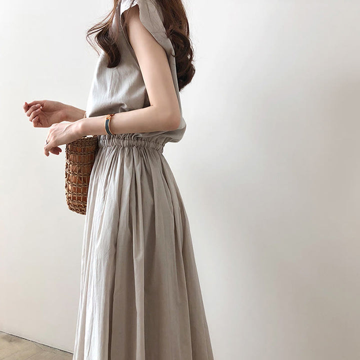 Buddha Stones Lässiges Midikleid aus Baumwolle und Leinen mit orientalischer Taille und Kordelzug