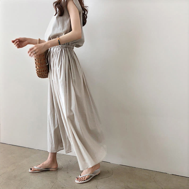 Buddha Stones Lässiges Midikleid aus Baumwolle und Leinen mit orientalischer Taille und Kordelzug