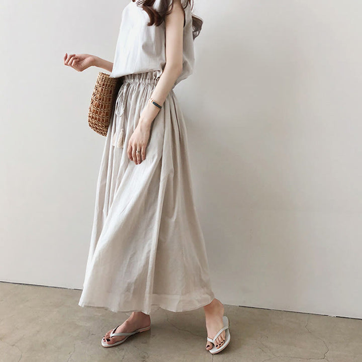 Buddha Stones Lässiges Midikleid aus Baumwolle und Leinen mit orientalischer Taille und Kordelzug