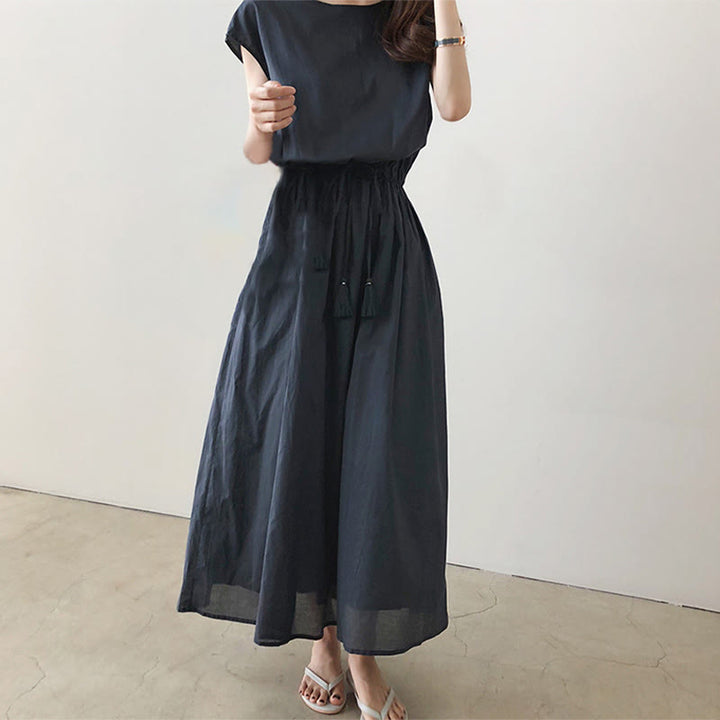 Buddha Stones Lässiges Midikleid aus Baumwolle und Leinen mit orientalischer Taille und Kordelzug