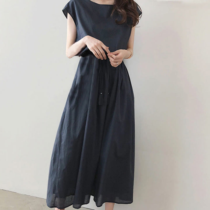 Buddha Stones Casual Eastic Kurzarm-Midikleid mit Kordelzug in der Taille - image 14