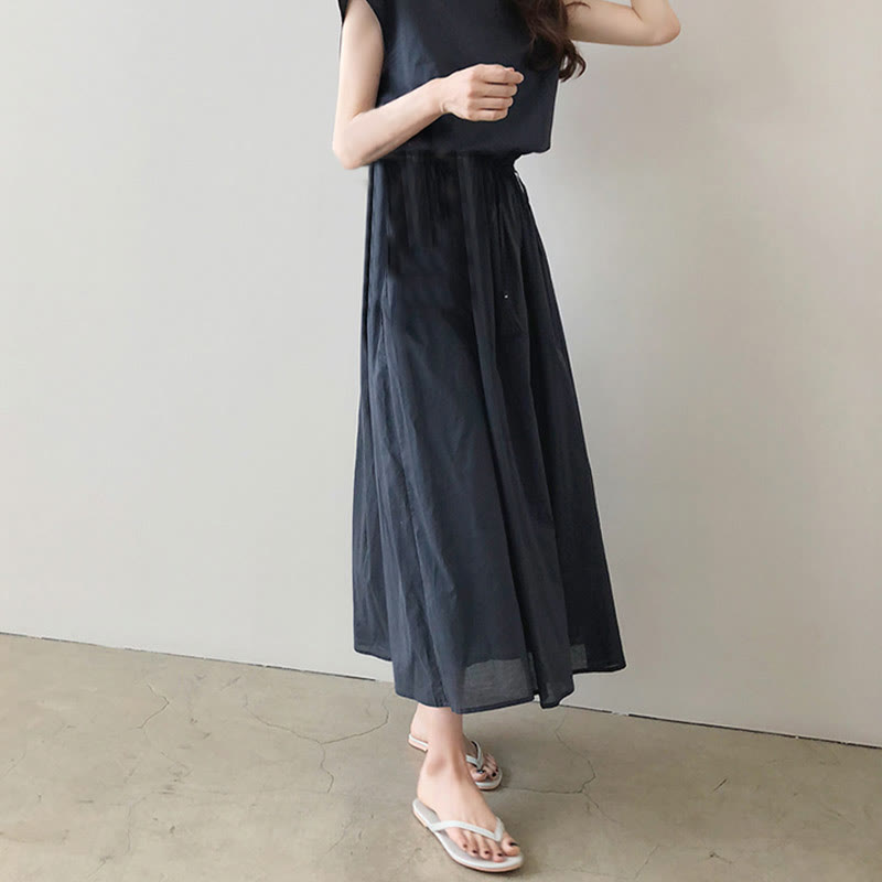 Buddha Stones Lässiges Midikleid aus Baumwolle und Leinen mit orientalischer Taille und Kordelzug