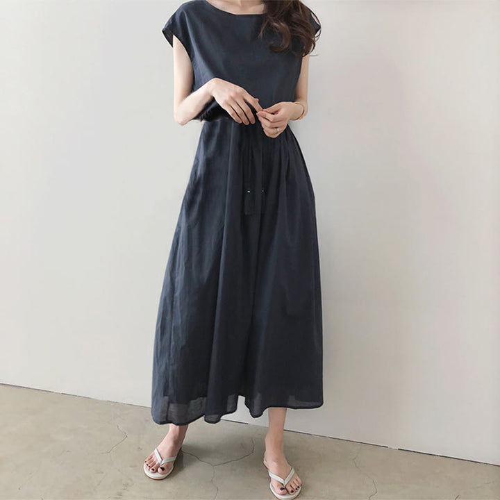 Buddha Stones Lässiges Midikleid aus Baumwolle und Leinen mit orientalischer Taille und Kordelzug