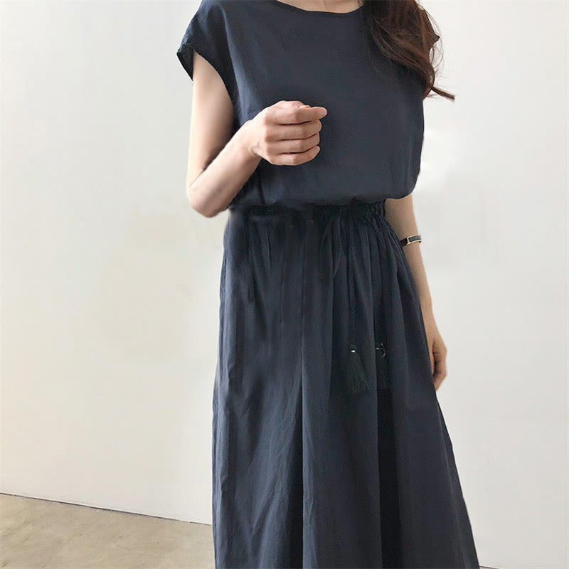 Buddha Stones Lässiges Midikleid aus Baumwolle und Leinen mit orientalischer Taille und Kordelzug