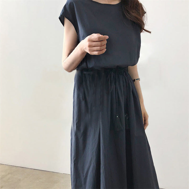 Buddha Stones Lässiges Midikleid aus Baumwolle und Leinen mit orientalischer Taille und Kordelzug