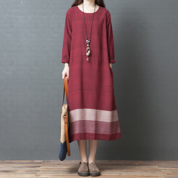 Buddha Stones – Lässiges, gestreiftes, langärmliges Midikleid aus Baumwollleinen mit Taschen - Purpur - US8-10， UK/AU12-14，EU40-42 (2XL) - image 11