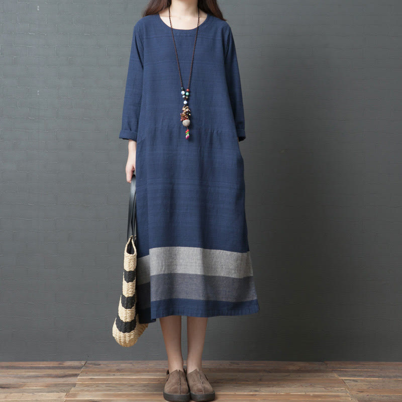 Buddha Stones – Lässiges, gestreiftes, langärmliges Midikleid aus Baumwollleinen mit Taschen - Stahlblau - US8-10， UK/AU12-14，EU40-42 (2XL) - image 0