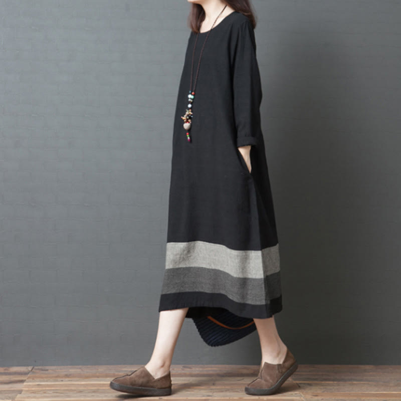 Buddha Stones – Lässiges, gestreiftes, langärmliges Midikleid aus Baumwollleinen mit Taschen - image 14