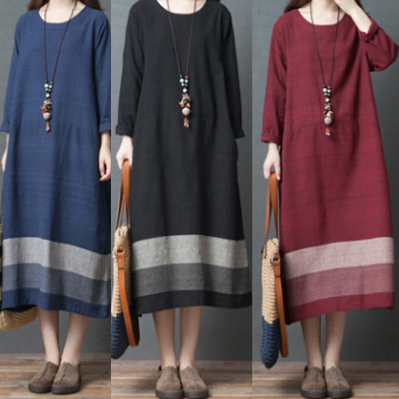 Buddha Stones – Lässiges, gestreiftes, langärmliges Midikleid aus Baumwollleinen mit Taschen - image 16