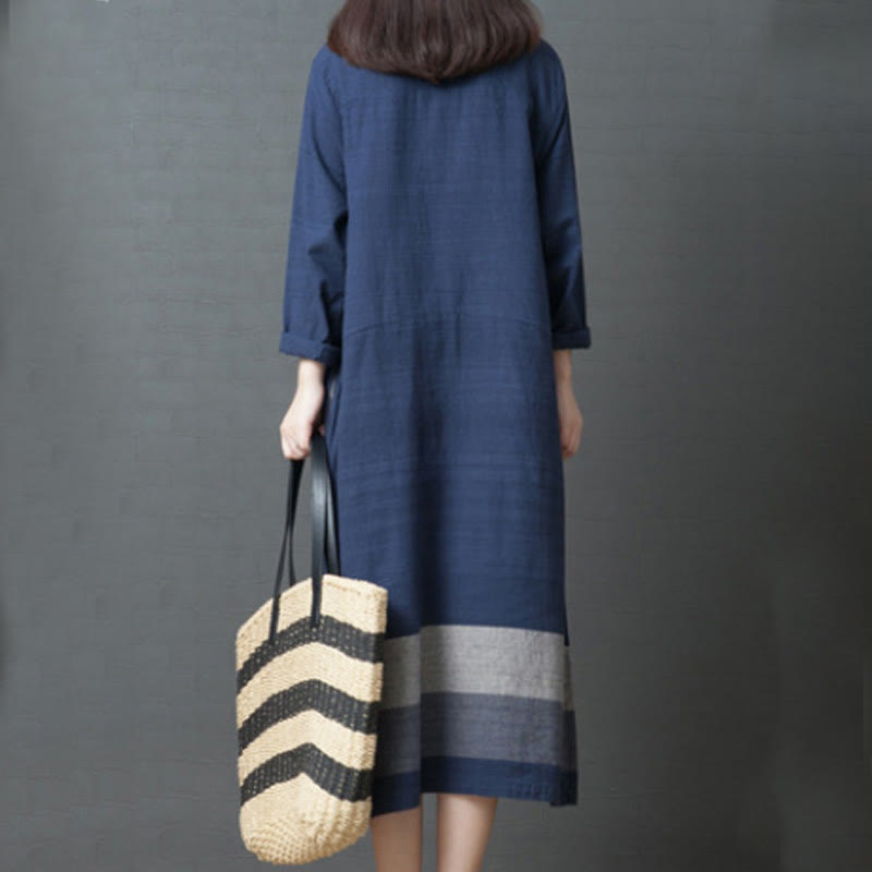 Buddha Stones – Lässiges, gestreiftes, langärmliges Midikleid aus Baumwollleinen mit Taschen - image 9