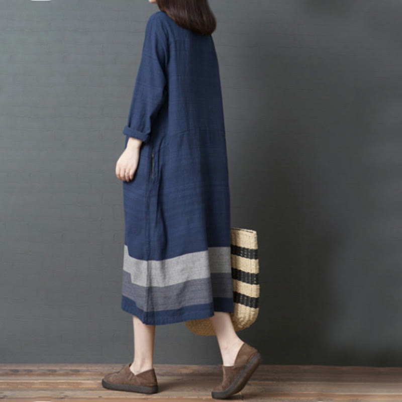 Buddha Stones – Lässiges, gestreiftes, langärmliges Midikleid aus Baumwollleinen mit Taschen - image 3
