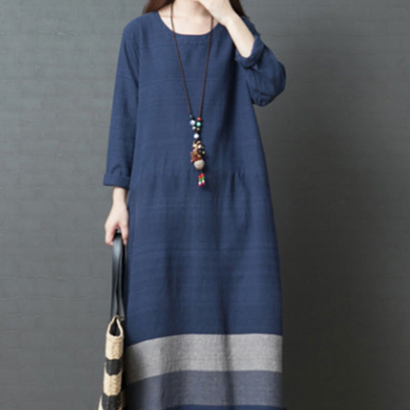 Buddha Stones – Lässiges, gestreiftes, langärmliges Midikleid aus Baumwollleinen mit Taschen - image 8