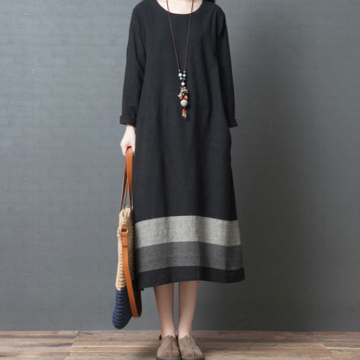 Buddha Stones – Lässiges, gestreiftes, langärmliges Midikleid aus Baumwollleinen mit Taschen - Schwarz - US8-10， UK/AU12-14，EU40-42 (2XL) - image 13