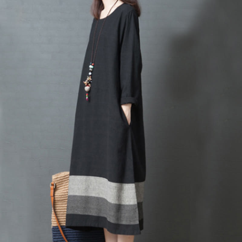 Buddha Stones – Lässiges, gestreiftes, langärmliges Midikleid aus Baumwollleinen mit Taschen - image 15
