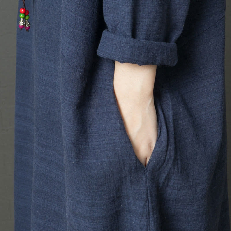 Buddha Stones – Lässiges, gestreiftes, langärmliges Midikleid aus Baumwollleinen mit Taschen - image 4