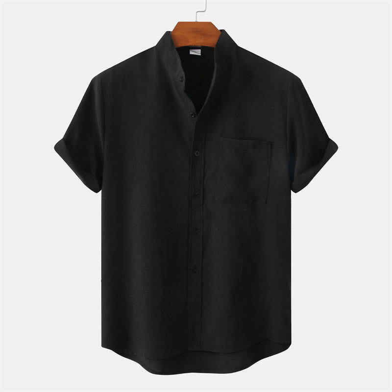 Buddha Stones Sommer Herren Button Plain Kurzarm Baumwollhemd mit Tasche - Schwarz - US/ UK/AU42，EU52 (3XL) - image 7