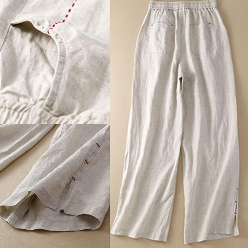 Buddha Stones Sommer-Hose mit weitem Bein, einfarbig, Stickerei, Kordelzug, Baumwolle und Leinen für Damen mit Taschen - image 12