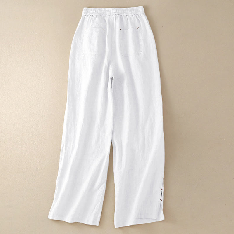 Buddha Stones Sommer-Hose mit weitem Bein, einfarbig, Stickerei, Kordelzug, Baumwolle und Leinen für Damen mit Taschen - image 16