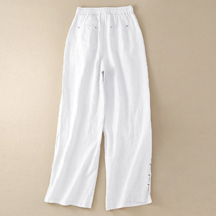 Buddha Stones Sommer-Hose mit weitem Bein, einfarbig, Stickerei, Kordelzug, Baumwolle und Leinen für Damen mit Taschen - image 16