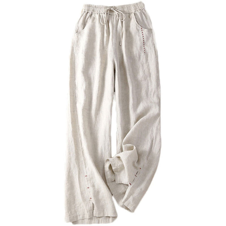 Buddha Stones Sommer-Hose mit weitem Bein, einfarbig, Stickerei, Kordelzug, Baumwolle und Leinen für Damen mit Taschen - image 13